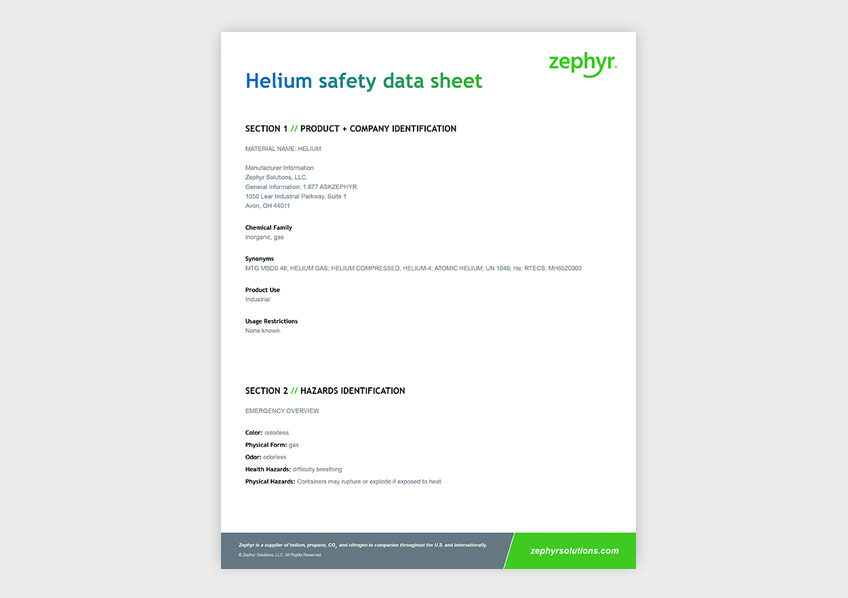 Helium Safety Data Sheet | Zephyr Solutions